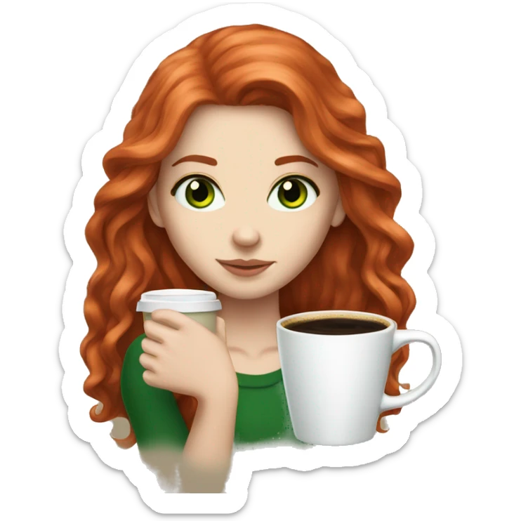 White girl long long red hair with green eyes and coffee  sticker