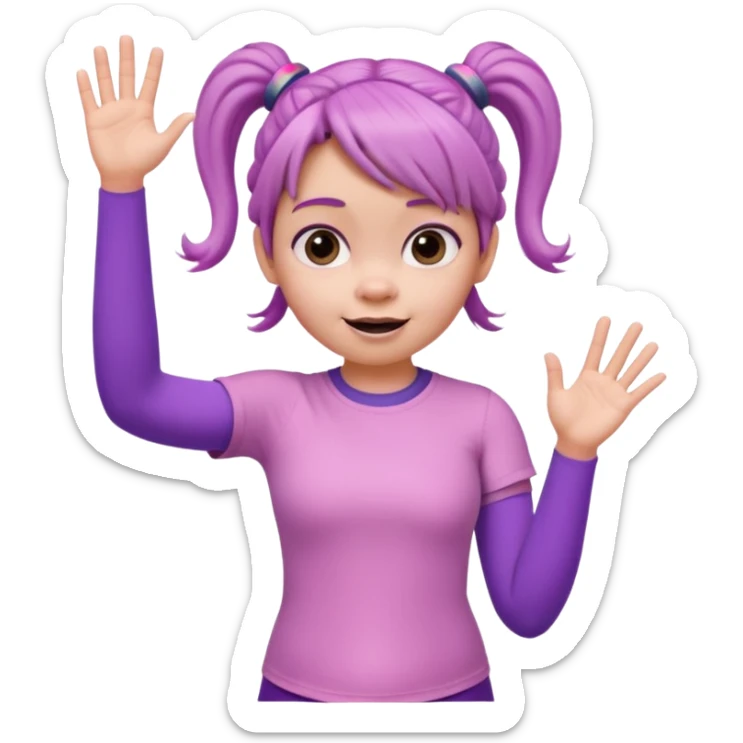 Boo from Monsters Inc, waving, pigtails, pink t-shirt, purple leggings sticker