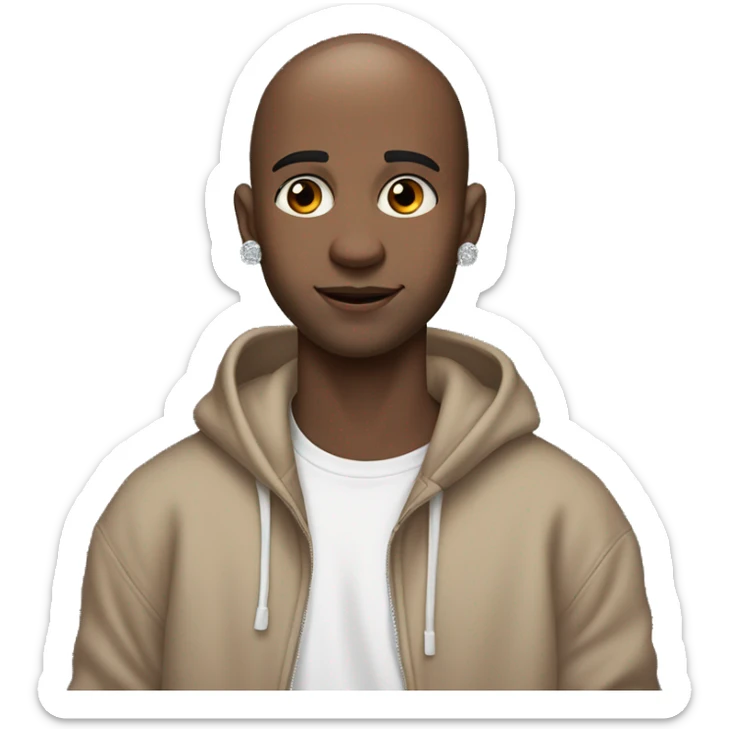 a bald guy of 20 years old with a blush on his cheeks, brown eyes and a small diamond earring in his left ear looks at us indifferently, dressed in a black oversized hoodie and holding a microphone in his hands sticker