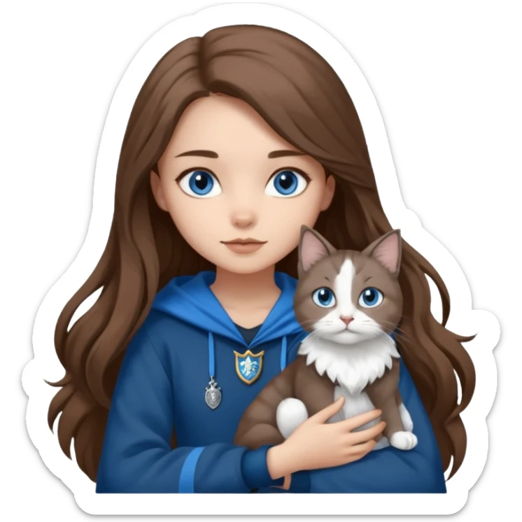 gorgeous Girl with light skin, blue eyes, long brown hair, wears a ravenclaw outfit, with a grey and white cat holding in her arms sticker