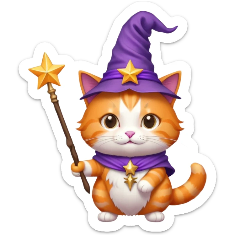 Orange cat wearing a purple wizard hat and holding a magic wand with a star at the tip sticker