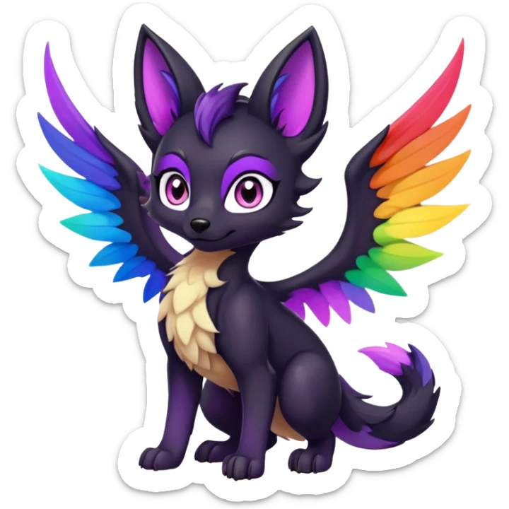 Cartoon female black Fox dragon hybrid purple eyes with rainbow colored wings face front full body sticker
