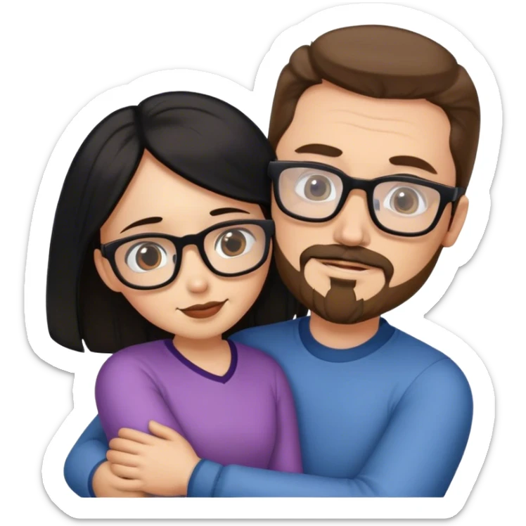 Tall white man brown hair and goatee hugging small woman long black hair square glasses, professional sticker