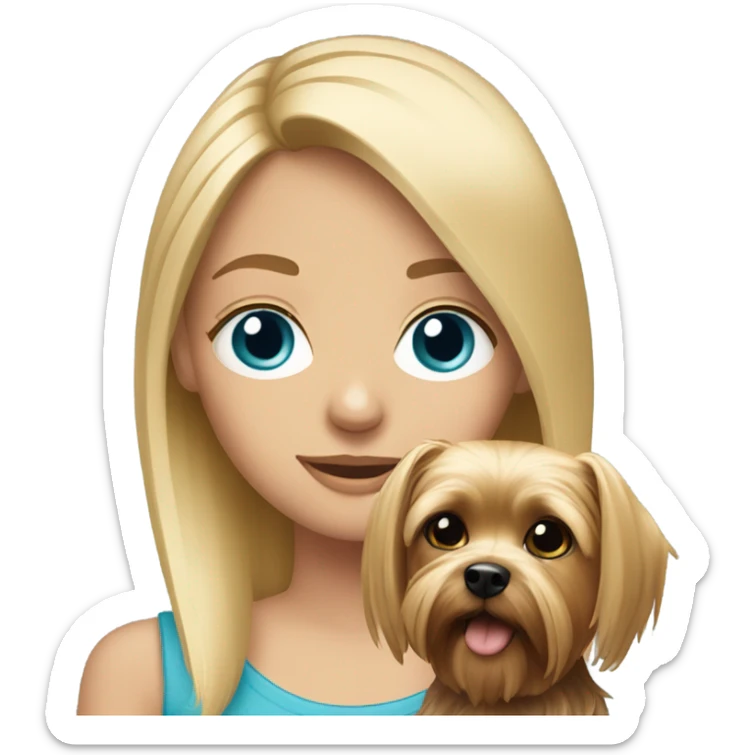 Blonde girl with blue eyes and a dog yorkie sticker