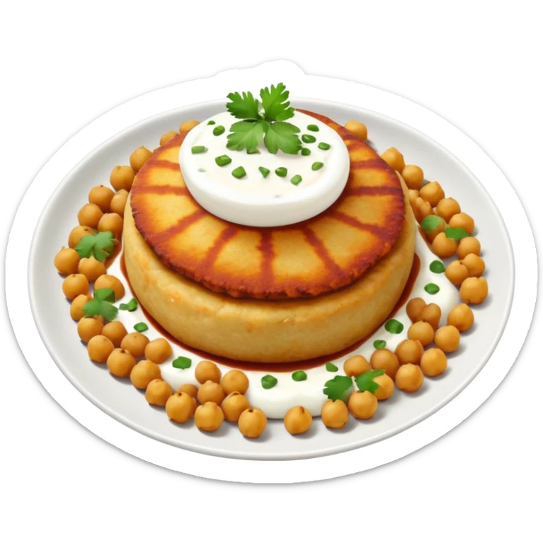 Aloo Tikki Chaat on a small plate with chickpeas, potato patty with yogurt and chutney sticker