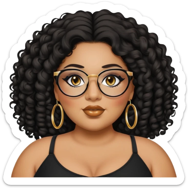 big plus size, latina, darker tan skin, gold hoops, long black curly hair, baddie,pretty, makeup, lipgloss, black eyeliner, long hair, black top, black glasses sticker