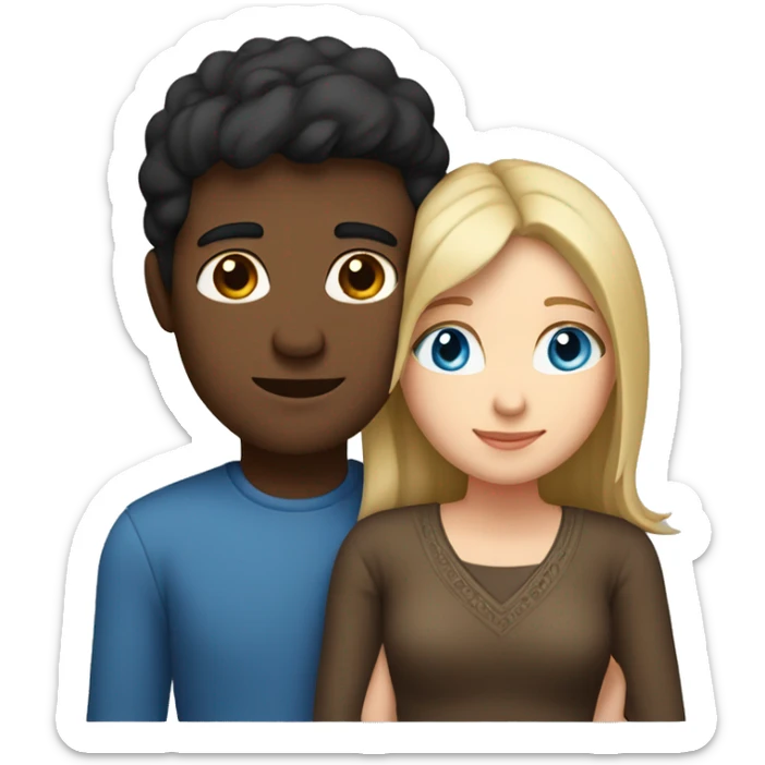 Couple embracing with arms around each other; white woman with blue eyes and brown hair, Indian man with black hair  sticker