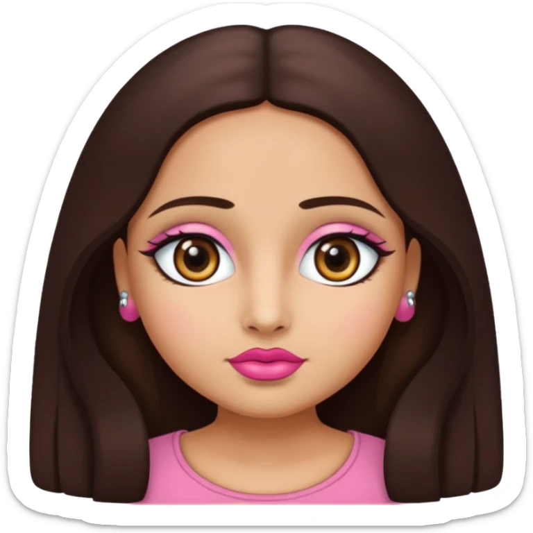 Gordita, ojos pequeños de color cafe oscuro, labios pequeños y rosados, piel trigueña, orejas pequeñas, cabello largo lazio y negro, pequeña. cuerpo completo sticker