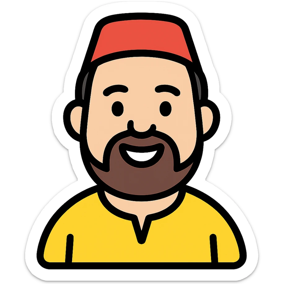chubby Lebanese man with a goatee and short hair, smiling, color outline icon style sticker