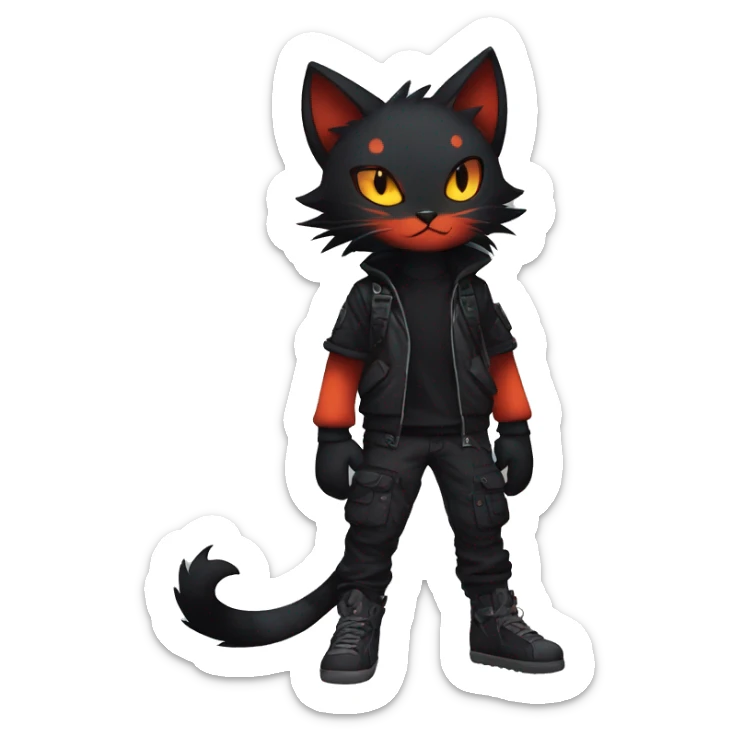 Edgy Shy Anthro boyish cool pretty dark black Litten-Pokémon-cat-fursona techwear sticker