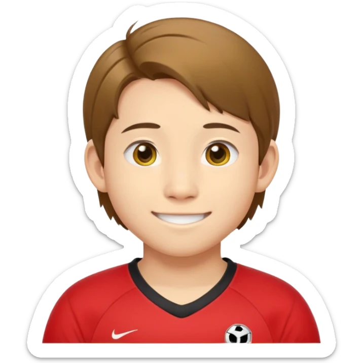 - Nam
- 15 tuổi
- Da vàng
- Tóc nâu ngang vai, vén mang tai
- Mặt bầu bĩnh, Cười mỉm, Mắt to, mũi to
- Áo bóng đá màu đỏ
 sticker