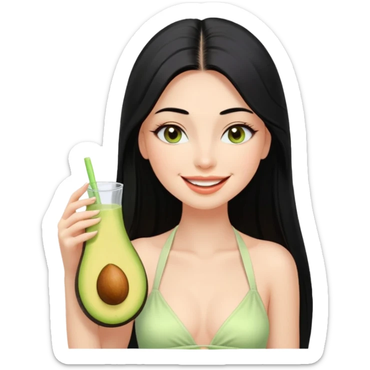 Long black hair with no bangs, very straight hair, pretty face. Wearing white plain halter top. Blushed cheeks, long lashes, nude glossy lips. One eyes with wink. One hand with avocado juice. sticker