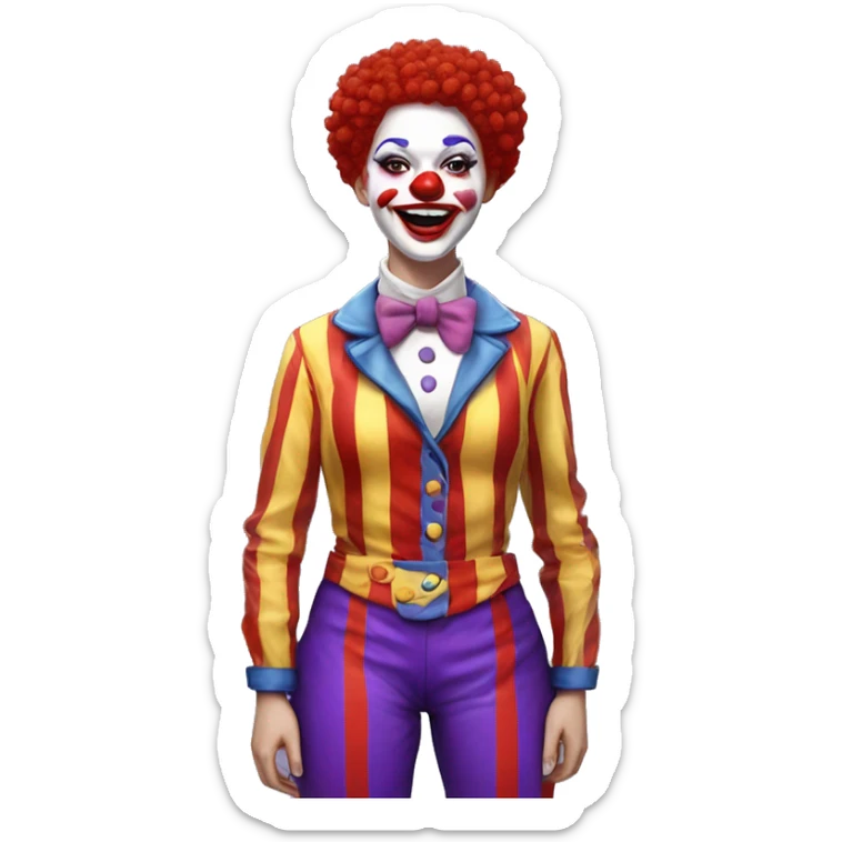 JoJo Tickle (Jojo's circus) female clown white skin, clown red nose, red hair, short hair, blue barret with covered red pompom, yellow shirt with covered paint splatters purple and blue pattern, red pants with orange stripes and white red big shoes sticker