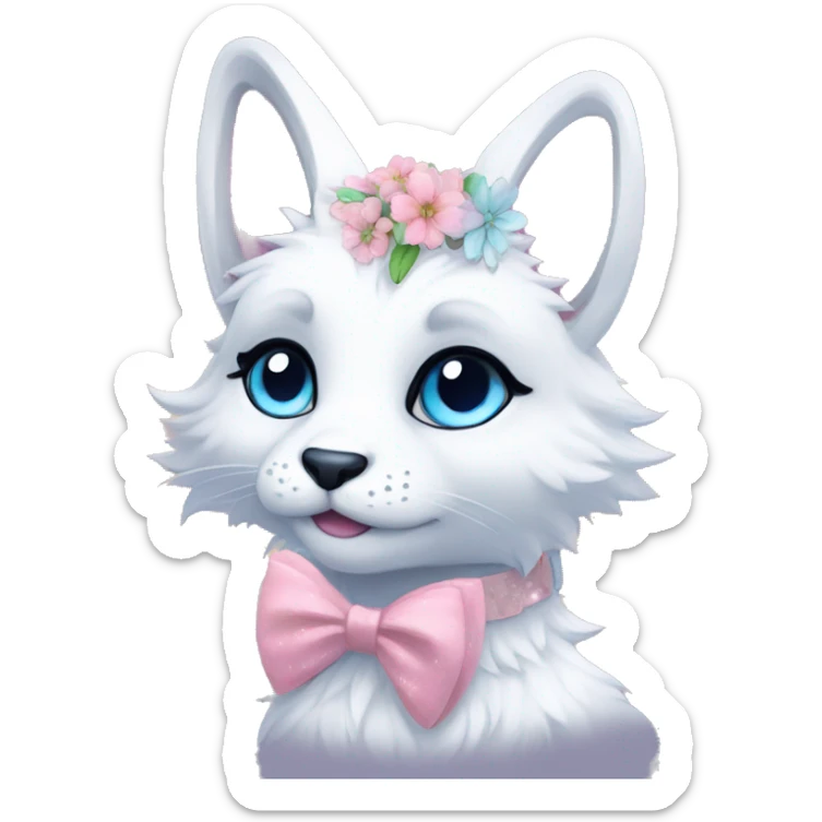 Anthro Cute Cool Kawaii gorgeous sparkly ethereal fantasy animal creature with blue eyes furry sona with flowers and bow tie beautiful aesthetic sticker