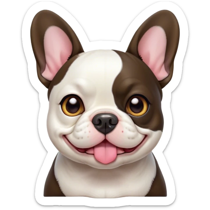 Cinematic Cute Pied French Bulldog Portrait Emoji, Head tilted with a sweet, mischievous grin and large, inviting eyes, featuring a unique pied fur of contrasting colors, simplified yet irresistibly endearing, highly detailed, glowing with a warm, playful radiance, high shine, exuding a quirky charm and affectionate personality, styled with a soft, lighthearted outline, capturing the essence of a cute Pied French Bulldog that looks ready to charm its way into your heart! sticker