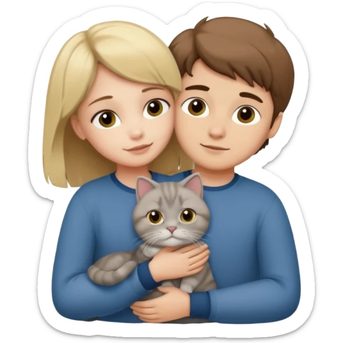 Blonde girl and brown Hair boy in love hugging a grey scottish fold cat sticker