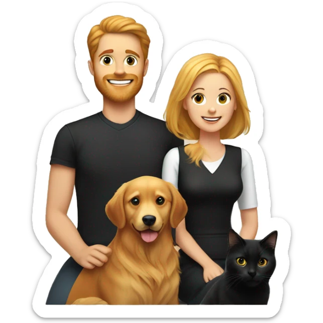 Family portrait with a smiling blonde woman,  red-haired man,  golden retriever sitting beside them, and  black cat sitting in front. sticker