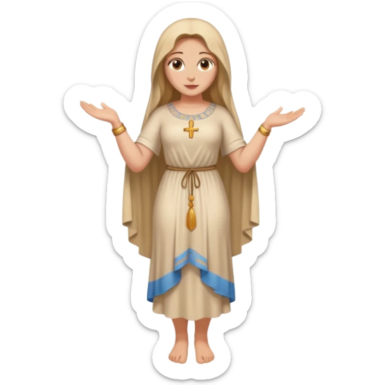 fullbody Mary Magdalene, buxom and fit figure, very pretty detailed face, plain light tan dress, arms down pose, emoji style sticker