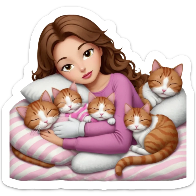 girl with long wavy brown hair, brown eyes, long lashes makeup, sexy pink lips, light to medium complexion,  sleeping on a cozy pillow, with 6 cats: 1 brown and white tabby cat, 1 ginger and white, 2 grey and white, 1 grey with white mittens and small white patch on chest and 1 calico, sleeping sticker