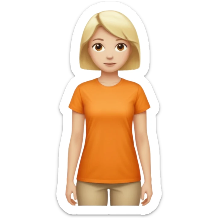 woman with blond hair, full body visible, standing, wearing a light orange shirt sticker