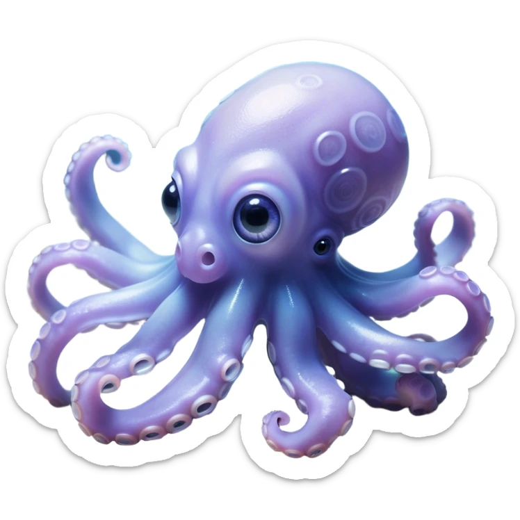Cinematic Noble Baby Octopus Portrait Emoji, Poised and graceful, with a soft, rounded, slightly translucent body in a dreamy light blue-purple hue, large, glistening eyes full of quiet intelligence and mystery, delicate, flowing tentacles curling gently, Simplified yet sophisticated features, highly detailed, glowing with a soft, ethereal oceanic radiance, high shine, elegant and serene, stylized with an air of deep-sea wonder, focused and tranquil, soft glowing outline, capturing the essence of an otherworldly, intelligent little cephalopod, floating effortlessly in the gentle ocean currents! sticker
