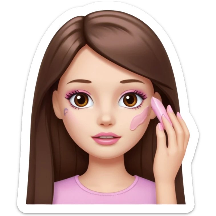 Barbie girl a brown long Straight hair and brown eyes is In pale pink smears by hand cosmetic cream on her face sticker