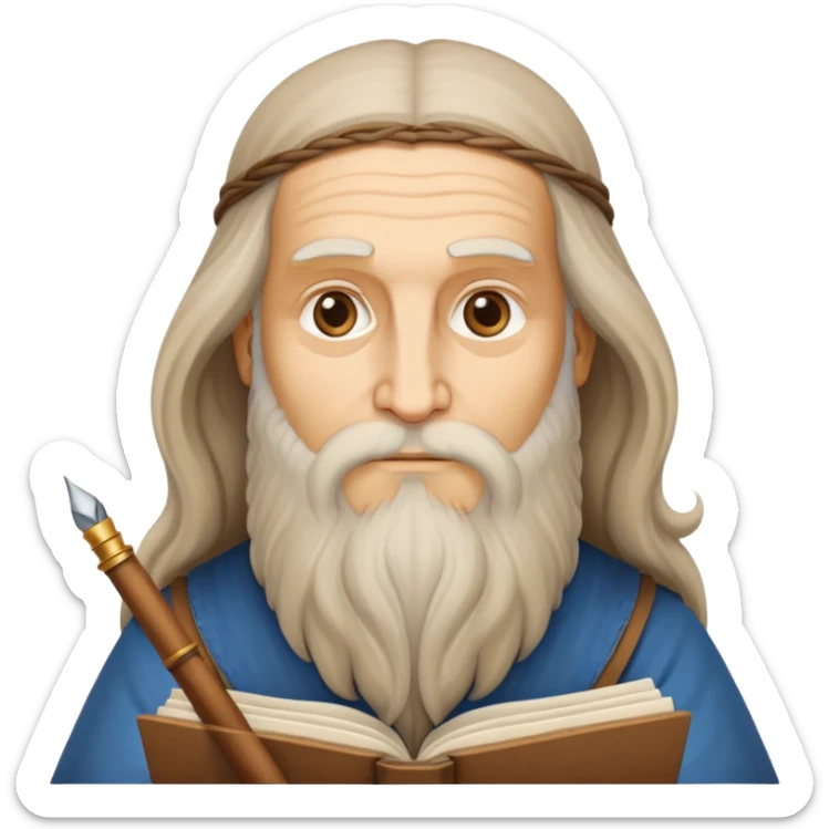 cinematic-realistic-leonardo-da-vinci-portrait-emoji,-depicted-as-the-quintessential-renaissance-polymath-with-deep,-thoughtful-eyes,-a-flowing-beard,-and-a-quill-or-sketchbook-in-hand.-the-scene-is-illuminated-with-warm,-classical-light sticker