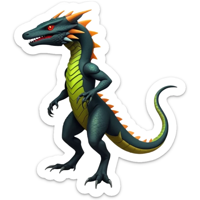 futuristic lush warm-colored neon-colored Fakémon-Trico-Nargacuga-Salandit-creature (full body) sticker