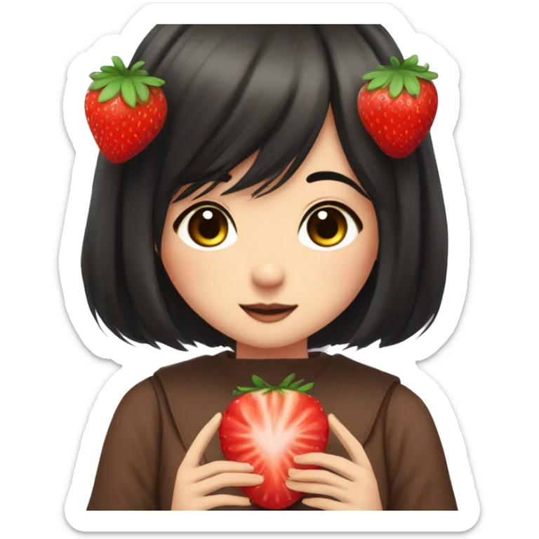 Anime-Style Eyes. Lady. Kawaii. Cottagecore. Brown Skin. Black hair. Hold a giant strawberry sticker