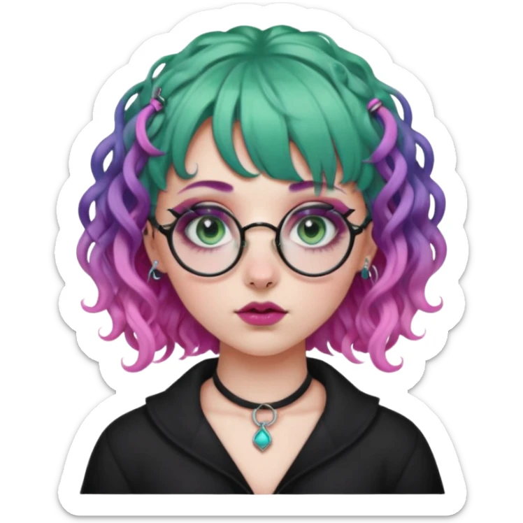 . Gothic girl with pink to violet ombré hair with pink on top, ringlet curly hair, bangs round glasses, septum piercing, nostril piercing, almond eyes, blueish green eyes,heavy eyeliner,  sticker