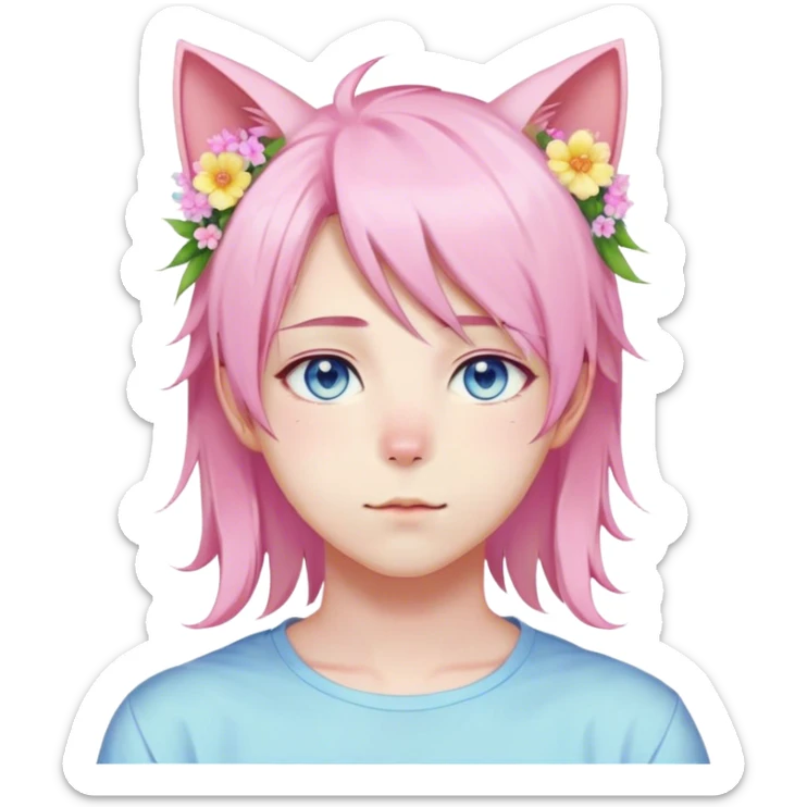 Pastel effeminate young femboy man with pastel pink shiny hair, pink cat ears, pastel yellow blouse, blue eyes, cute, gorgeous, anime, catboy, romantic, beautiful, flowers, aesthetic sticker