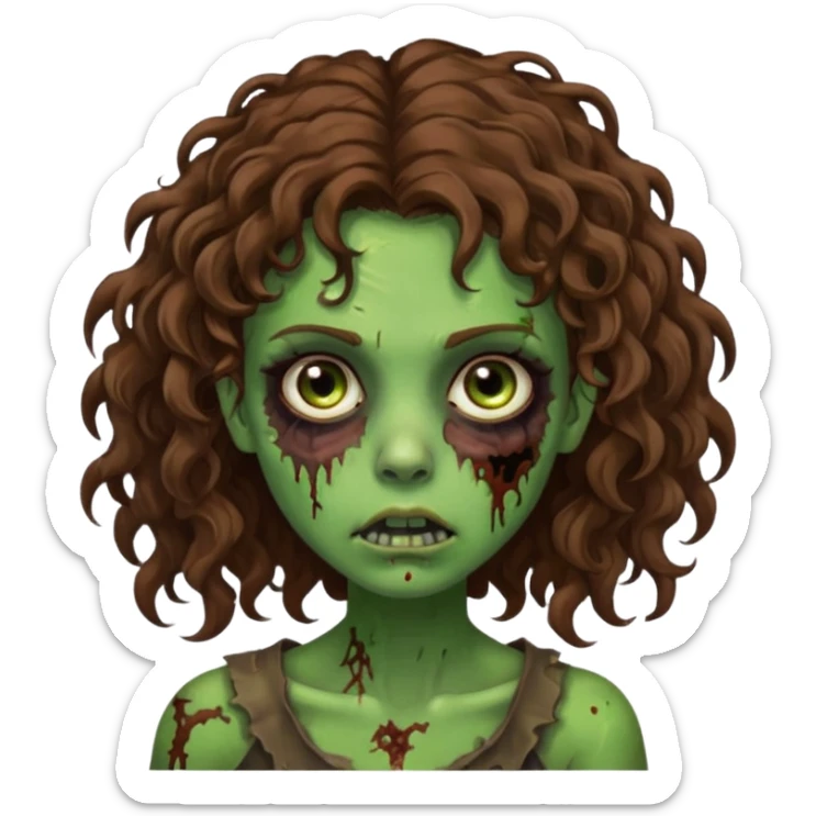 Faça uma garota zombie de cabelo cacheado castanho, olhos castanhos escuro e pele verde d zombie, com o cabelo abaixo do ombro sticker