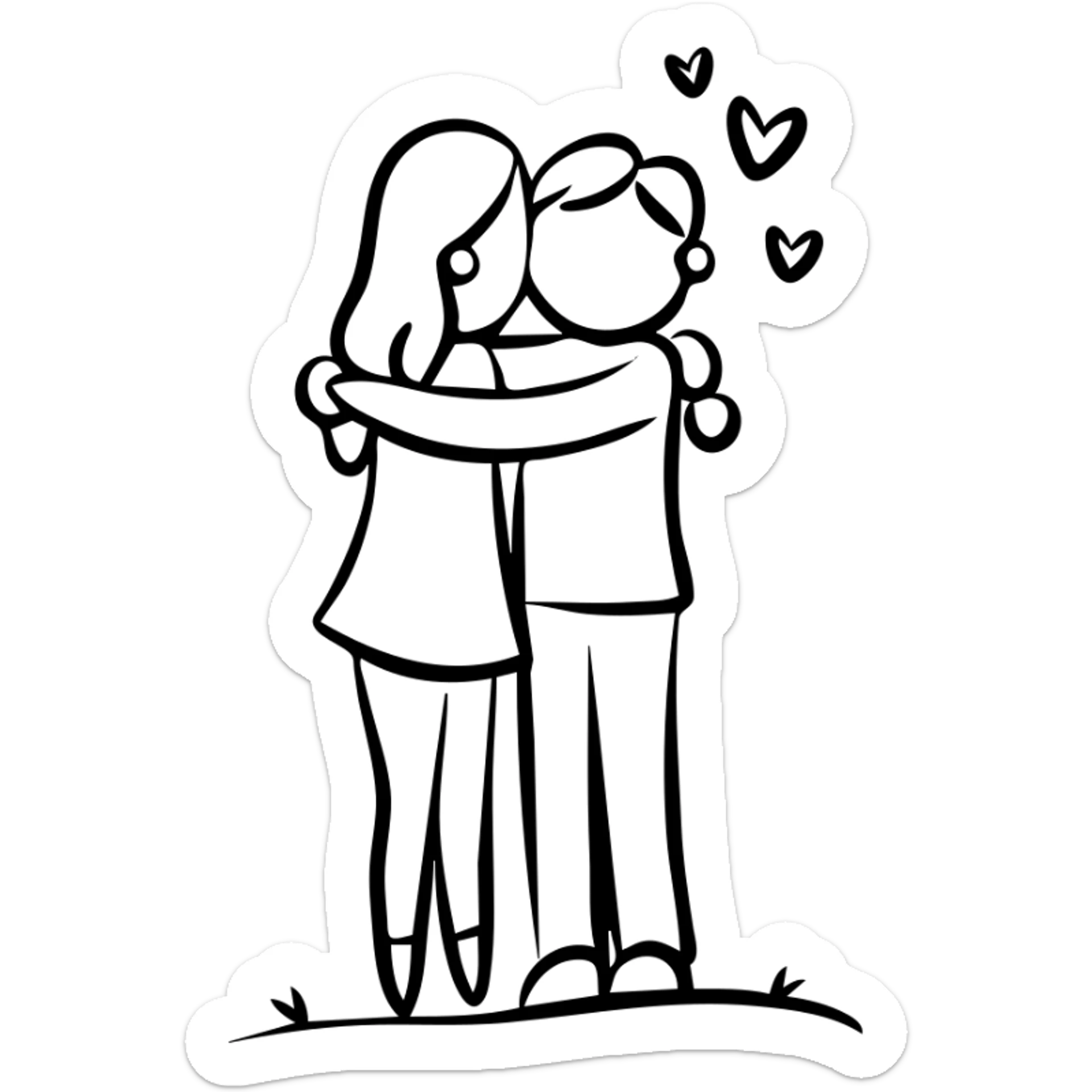 Hand drawn sketch of two people hugging with a heart, "Iubind pe cineva" sticker