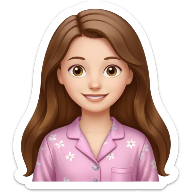 smiling white long brunette hair girl with hazel eyes and in light pink pajamas sticker