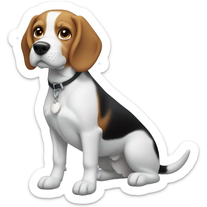 Beagle with white patch of fur by his nose and he’s in the snow and show his whole body with snow in the back sticker