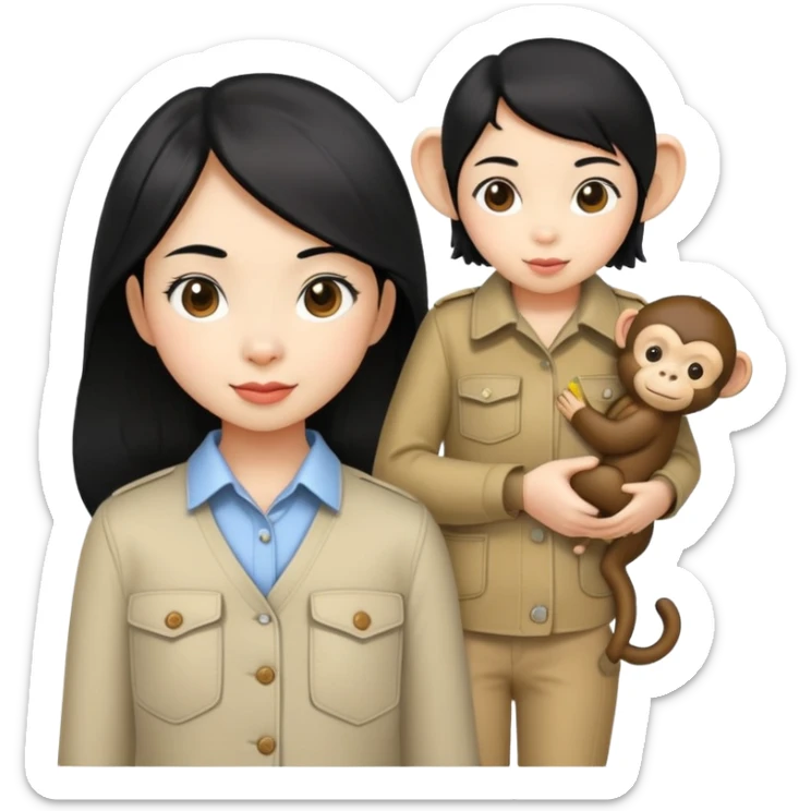 an asian girl with black hair with a cute monkey in her pocket sticker