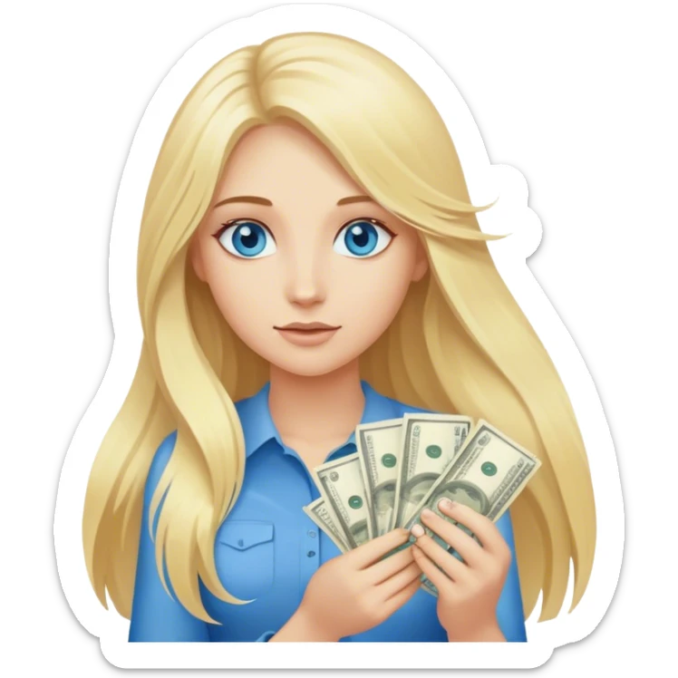 Cinematic realistic blonde with long hair, blue eyes holds money in her hands sticker