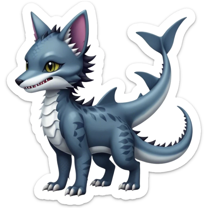 Kawaii dark edgy fantasy feline-vernid-sergal-fursona animal creature with a shark-tail with tufted ears full body with cool sharp markings  sticker