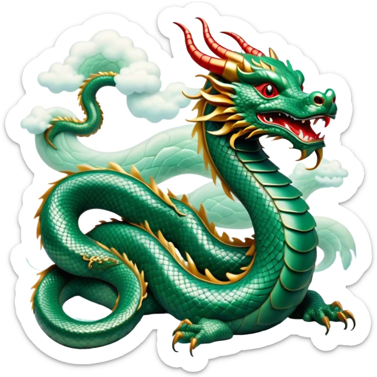 Cinematic Noble Chinese Serpent Dragon Portrait Emoji, Poised and majestic, with a sinuous, serpentine body adorned in intricately detailed scales of shimmering jade and soft vermilion, accented by delicate cloud motifs and subtle water ripple patterns; rendered with lifelike texture and gentle natural highlights, high shine, wise and enigmatic, styled with an aura of ancient dynastic grace, focused and regal, soft glowing outline, capturing the essence of a revered celestial dragon that appears ready to glide gracefully through the mists of time! sticker