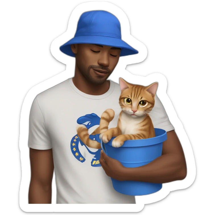 Man stroakig a cat in his hands wearing a chelsea t shirt and a blue bucket hat crying sticker