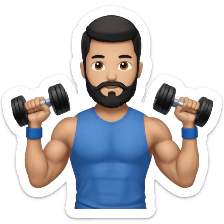 generate an ios genmoji of a 20 year old tan boy with long long long black beard that reaches his chest. Big biceps. wearing a blue shirt that fits his arms and carrying a dumbbel sticker