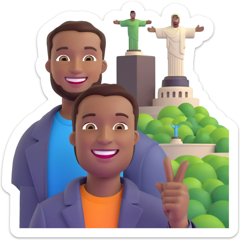 smiling black man with big teeth, standard male haircut, oval face, with Christ the Redeemer statue in the background, Rio de Janeiro, no glasses sticker