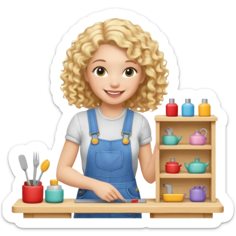 smiling blonde curly woman arranging furniture in doll house with overalls sticker