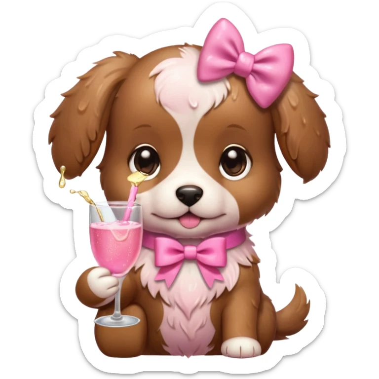 Cute brown puddle puppy with a pink bow and a cup of pink champagne sticker