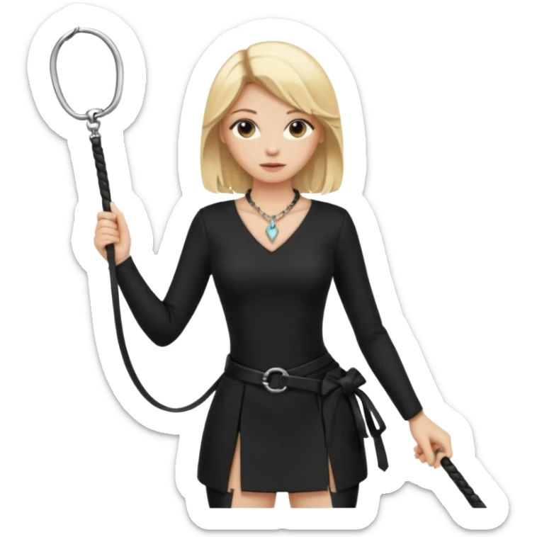 Dominatrix with blonde hair, black outfit, long key necklace, and a whip sticker
