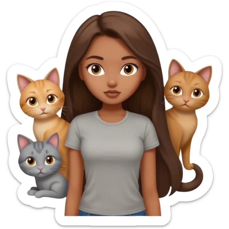 a pretty bratz dusky girl with long brown hair with six cats nd wearing a grey tshirt sticker