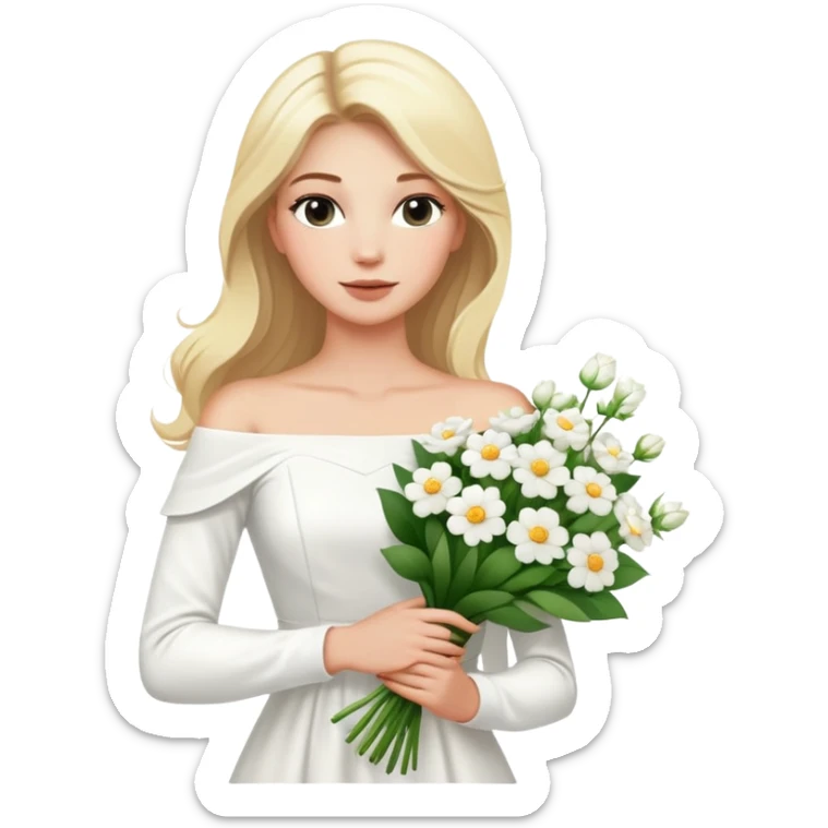 blonde woman in a white off-shoulder dress with long sleeves and a bouquet of white flowers in a white bag in her right hand sticker