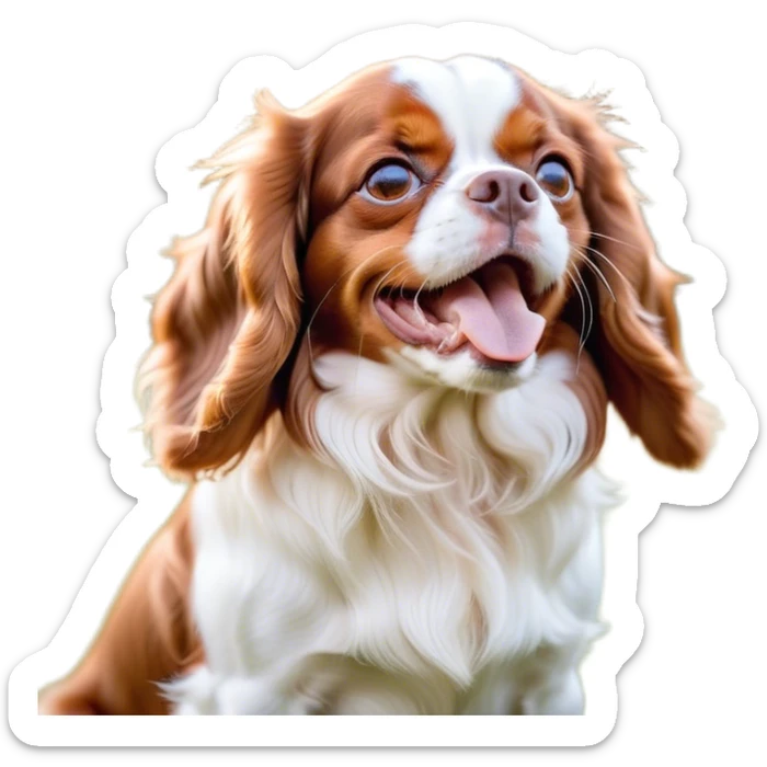 Cinematic Cute Yawning Blenheim Cavalier King Charles Spaniel Portrait Emoji, Head tilted slightly with a dramatic, wide-open yawn, soft Blenheim coat with delicate chestnut and white markings, floppy ears slightly drooping, round brown eyes barely open in drowsy contentment, Simplified yet irresistibly adorable features, highly detailed, glowing with a soft, cozy glow, high shine, relaxed yet expressive, stylized with a touch of whimsy, bright and endearing, soft glowing outline, capturing the essence of a sleepy yet affectionate companion, so drowsy it feels like it could stretch right out of the screen and curl up for a nap! sticker