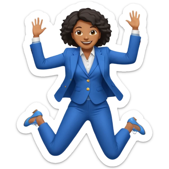 black woman in a blue smart suit and shoes, jumping with joy, emoji style sticker