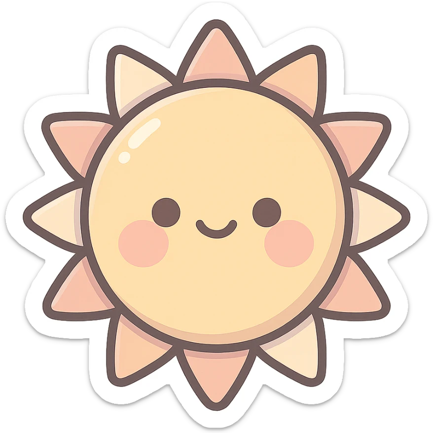 A series Sun of illustrations in a kawaii emoji style, with detailed shading and highlights, thin clean outlines, soft and rounded features. Pastel color palette using #98B5BC, #B5B3C1, #C9A3C9, #E4C0CA, #F7DCD1,#F7C0AA. The style is inspired by modern Japanese pop art and sticker aesthetics. Highly detailed, vector clarity, soft lighting and subtle shadows. Transparent background without background. sticker
